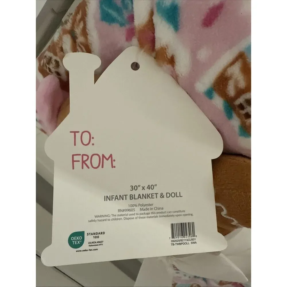 Gingerbread Baby Blanket & Plush Toy Doll Pillow 2Pc Gift Set My First Christmas